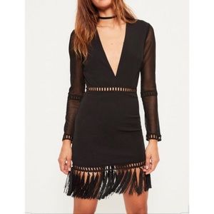 Black Tassel Hem Bodycon Dress w Sheer Sleeves 💫